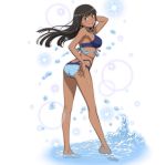  1girl adjusting_clothes adjusting_swimsuit arm_behind_head ass bangs bare_shoulders barefoot bikini black_hair blue_swimsuit braid breasts brown_eyes dungeon_ni_deai_wo_motomeru_no_wa_machigatteiru_darou_ka earrings feet feet_in_water jewelry long_hair long_legs looking_at_viewer looking_back medium_breasts official_art open_mouth simple_background smile solo sparkle standing swimsuit thighs tione_hyryute two-piece_swimsuit water white_background 