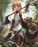  1girl :d abby_the_axe_girl artist_request axe bag bear blonde_hair blue_eyes boots brown_eyes cygames eyebrows_visible_through_hair facial_mark forehead_mark forest fur_trim gloves leaning log nature official_art open_mouth shadowverse shingeki_no_bahamut short_hair shorts smile weapon 