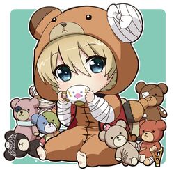  1girl animal_costume bandage bangs bear_costume blonde_hair blue_eyes boko_(girls_und_panzer) boko_(girls_und_panzer)_(cosplay) braid chibi cosplay cup darjeeling full_body girls_und_panzer green_background holding looking_at_viewer onesie outside_border parda_siko short_hair sitting solo stuffed_animal stuffed_toy teacup teddy_bear tied_hair twin_braids 