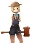  1girl absurdres arm_behind_back artist_request axe badge blonde_hair brown_eyes commentary_request cowboy_shot fate/grand_order fate_(series) food gloves hat highres looking_at_viewer mugcup naked_overalls overalls paul_bunyan_(fate/grand_order) popsicle short_hair shorts simple_background smile smiley_face solo weapon white_background 