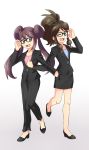  2girls artist_request black_clothes black_jacket black_jeans black_shoes black_skirt blue_eyes blue_shirt brown_hair female full_body glasses highres jacket long_hair mei_(pokemon) multiple_girls open_clothes open_eyes open_jacket open_mouth pink_shirt pokemon pokemon_(game) pokemon_bw pokemon_bw2 pokemon_special shirt shoes skirt smiley_face spread_legs touko_(pokemon) 