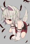  1girl animal_ears bare_shoulders collared_shirt detached_sleeves expressionless eyebrows_visible_through_hair feathers full_body grey_background grey_hair highres inubashiri_momiji looking_at_viewer marsen no_hat no_headwear red_eyes ribbon-trimmed_sleeves ribbon_trim shirt short_hair simple_background skirt sleeves_past_wrists solo squatting tail touhou turtleneck wide_sleeves wolf_ears wolf_tail 