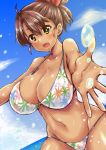  1girl ahoge bare_arms bare_shoulders bikini blue_sky bow breasts brown_hair cleavage collarbone day dutch_angle eyebrows_visible_through_hair fang floral_print foreshortening hair_between_eyes hair_bow hands_up highres large_breasts navel ocean open_mouth orange_eyes original outdoors outstretched_arms sgwmanga short_hair short_ponytail sky smile solo splashing standing stomach strap_gap swimsuit tan upper_body water wet 