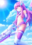  1girl blue_eyes breasts cleavage clouds day elbow_gloves eyebrows eyebrows_visible_through_hair gloves hair_ornament highres long_hair looking_at_viewer navel nepgear neptune_(series) pink_hair purple_sister sky small_breasts smile solmyr2000 solo sword symbol-shaped_pupils very_long_hair violet_eyes weapon 