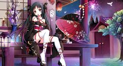  1girl bare_shoulders black_hair blush breasts cat cleavage detached_sleeves fireworks gyaza hair_ribbon japanese_clothes kimono long_hair mask medium_breasts mouth_hold obi oriental_umbrella porch red_eyes ribbon sash solo thigh-highs umbrella white_legwear yaya_(machine-doll) 