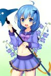  1girl :d ahoge blue_eyes blue_hair blue_skirt delphinium_(flower_knight_girl) dolphin eyebrows_visible_through_hair flower flower_knight_girl gradient gradient_background green_background hair_ornament highres kida_kuro_mu looking_at_viewer midriff navel open_mouth short_hair short_twintails skirt smile solo staff twintails white_background 