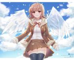  1girl angel_wings atobesakunolove black_legwear brown_eyes brown_hair brown_jacket brown_skirt cowboy_shot dangan_ronpa dress_shirt eyebrows_visible_through_hair feathered_wings highres jacket looking_at_viewer miniskirt nanami_chiaki neck_ribbon open_clothes open_jacket open_mouth pleated_skirt red_ribbon ribbon school_uniform shirt skirt solo super_dangan_ronpa_2 thigh-highs watermark web_address white_shirt white_wings wings zettai_ryouiki 