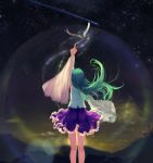  1girl arm_up aura blue_skirt commentary_request detached_sleeves energy floating_hair frilled_skirt frills from_behind green_hair hoshino_arika kneepits kochiya_sanae looking_afar morning mountain night night_sky oonusa shiny shiny_hair shirt shooting_star skirt skirt_lift sky solo standing star_(sky) starry_sky sunrise touhou white_shirt wide_sleeves wind 