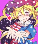  1girl american_flag_dress blonde_hair breasts clownpiece commentary_request furorina hat heart heart-shaped_pupils jester_cap long_hair looking_at_viewer medium_breasts neck_ruff pink_background polka_dot red_eyes short_hair simple_background smile solo star star_print striped symbol-shaped_pupils tongue tongue_out touhou upper_body 