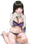 1girl bangs bare_legs barefoot black_hair blunt_bangs blush bra breasts brown_eyes clothes_lift commentary_request hands_on_own_chest kamiyama_aya large_breasts lifted_by_self long_hair long_sleeves looking_at_viewer navel no_pants open_mouth original panties purple_bra purple_panties simple_background sitting smile sweater sweater_lift underwear white_background white_sweater 