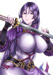  1girl armor bodysuit breasts cowboy_shot fate/grand_order fate_(series) hair_between_eyes highres holding holding_sword holding_weapon japanese_armor katana kote large_breasts long_hair looking_at_viewer minamoto_no_raikou_(fate/grand_order) nattapuumuu purple_bodysuit purple_hair simple_background smile solo sword very_long_hair violet_eyes weapon white_background 