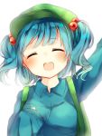  1girl :d arm_up backpack bag bangs blue_eyes blue_hair blue_shirt blush closed_eyes collared_shirt eyebrows_visible_through_hair green_hat hair_bobbles hair_ornament hat highres karasusou_nano kawashiro_nitori open_mouth shirt short_hair simple_background sleeves_past_wrists smile solo touhou twintails upper_body white_background 