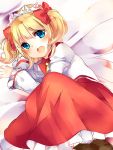  1girl bangs blonde_hair blue_eyes blush bow eyebrows_visible_through_hair hair_bow highres karasusou_nano long_sleeves looking_at_viewer lying on_side open_mouth red_bow red_skirt skirt solo sunny_milk touhou twintails 