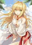  1girl absurdres ahoge beach blonde_hair breasts cleavage day detached_sleeves dutch_angle earrings fate/extra fate_(series) floating_hair green_eyes hair_ribbon highres hino_hinako jewelry long_hair medium_breasts open_mouth outdoors ribbon saber_extra solo standing tree very_long_hair white_ribbon 