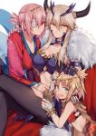  3girls absurdres ahoge aqua_eyes artoria_pendragon_(all) blonde_hair braid breasts cleavage closed_mouth fate/grand_order fate_(series) florence_nightingale_(fate/grand_order) highres horns light_smile looking_at_viewer mordred_(fate)_(all) multiple_girls navel open_mouth pink_hair ponytail yellow_eyes yorukun younger 