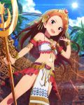  1girl artist_request aztec bare_shoulders blue_sky blush brown_hair clouds collarbone day detached_sleeves holding idolmaster idolmaster_million_live! idolmaster_million_live!_theater_days jewelry long_hair looking_at_viewer midriff minase_iori navel necklace official_art open_mouth outdoors palm_tree red_eyes sky smile solo staff strapless sun sunlight tree veil wrist_cuffs 