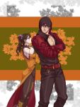  1boy 1girl bangs belt black_hair black_legwear brown_eyes chinese_clothes couple crossed_arms drill_hair floral_background gauntlets grabbing grabbing_from_behind hair_ornament height_difference hetero hood hooded_jacket inuhiko_(istdog) jacket kazama_jin ling_xiaoyu looking_at_another lying namco on_back studded_belt tekken tekken_7 twin_drills twintails 