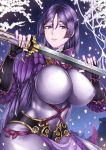  1girl armor bodysuit breasts cherry_blossoms cowboy_shot fate/grand_order fate_(series) hair_between_eyes highres holding holding_sword holding_weapon japanese_armor katana kote large_breasts long_hair looking_at_viewer minamoto_no_raikou_(fate/grand_order) nattapuumuu petals purple_bodysuit purple_hair smile solo sword very_long_hair violet_eyes weapon 