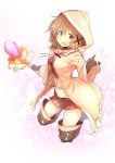  1girl :d bangs boots brown_eyes brown_hair brown_skirt cropped_legs do_(taka) eyebrows_visible_through_hair hair_between_eyes hair_ornament hidamari_sketch highres holding holding_staff hood_up kirara_fantasia looking_at_viewer microskirt navel open_mouth pleated_skirt short_hair skirt smile solo staff tareme thigh-highs thigh_boots x_hair_ornament yuno 