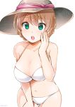  1girl ahoge bikini blush braid breasts green_eyes hat idolmaster idolmaster_million_live! idolmaster_million_live!_theater_days kyuushichuu_(ltspeacock) large_breasts looking_at_viewer navel open_mouth sakuramori_kaori short_hair sketch solo swimsuit tied_hair white_bikini 