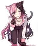  1girl animal_ears bead_necklace beads breasts brown_eyes brown_hair cat_ears cat_tail cleavage ecru heterochromia jewelry long_hair multicolored_hair necklace neo_(rwby) paw_pose pink_eyes pink_hair rwby solo tail 
