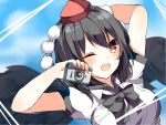  1girl ;d arm_up bangs black_bow black_bowtie black_hair black_wings blush bow bowtie breasts brown_eyes camera eyebrows_visible_through_hair hand_up hat holding holding_camera karasusou_nano looking_at_viewer medium_breasts one_eye_closed open_mouth pom_pom_(clothes) shameimaru_aya short_sleeves smile solo tokin_hat touhou upper_body wings 