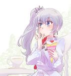  1girl blue_eyes check_commentary commentary_request cream crepe cup earrings finger_licking floral_background food fruit hair_ornament iesupa jewelry licking rwby saucer scar scar_across_eye strawberry teacup weiss_schnee white_hair 