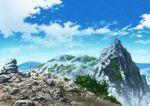  blue_sky bush clouds cloudy_sky commentary_request day grass highres hirota_(masasiv3) mountain mountaintop no_humans outdoors rock scenery sky 
