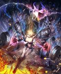  1girl absurdly_long_hair artist_request ball_and_chain black_skin blonde_hair blue_eyes chains claws cracked_floor crazy_smile cygames embers fangs frenzied_juggernaut long_hair messy_hair multicolored multicolored_skin official_art pale_skin shadowverse shingeki_no_bahamut slit_pupils very_long_hair 