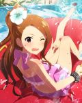  1girl alternate_hairstyle artist_request back bare_shoulders barefoot bikini blush bow bracelet brown_hair day feet frilled_bikini frills idolmaster idolmaster_million_live! idolmaster_million_live!_theater_days jewelry long_hair looking_at_viewer minase_iori official_art open_mouth outdoors palm_tree pink_swimsuit pointing ponytail red_eyes sunlight swimsuit tree water_slide wet wet_hair wince 