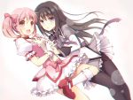  2girls akemi_homura argyle argyle_legwear black_hair bubble_skirt gloves gunp hair_ribbon hairband kaname_madoka kneehighs long_hair looking_at_viewer magical_girl mahou_shoujo_madoka_magica multiple_girls pink_eyes pink_hair pleated_skirt ribbon short_hair short_twintails simple_background skirt twintails violet_eyes white_background white_gloves white_legwear yuri 