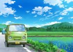  blue_sky car clouds cloudy_sky commentary_request day grass ground_vehicle highres hirota_(masasiv3) motor_vehicle no_humans outdoors reflection road scenery sky water 