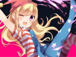  1girl ;d american_flag american_flag_legwear arm_up bangs blonde_hair blush clownpiece eyebrows_visible_through_hair hair_between_eyes hat jester_cap karasusou_nano long_sleeves looking_at_viewer multicolored multicolored_background one_eye_closed open_mouth short_sleeves sidelocks smile solo touhou two-tone_background violet_eyes 