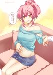  1girl :d absurdres alpha_(yukai_na_nakamatachi) aqua_shirt bare_shoulders blush bow commentary_request couch hair_bow hand_holding hand_on_own_stomach highres idolmaster idolmaster_cinderella_girls jougasaki_mika jpeg_artifacts midriff navel off_shoulder open_mouth orange_eyes pink_hair ponytail pov pregnant shirt shirt_lift signature sitting skirt smile solo_focus translation_request twitter_username 