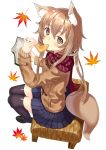  1girl aburaage animal_ears bangs black_legwear black_shoes blue_skirt blush book closed_mouth duffel_coat eating eyebrows_visible_through_hair food fox_ears fox_girl fox_tail fringe from_above from_side hair_between_eyes hand_up highres holding holding_book holding_food leaf legs_together loafers long_hair looking_at_viewer maple_leaf open_book original plaid plaid_scarf pleated_skirt purple_scarf scarf shoes sidelocks simple_background sitting skirt solo tail thigh-highs tofu toujou_mina white_background 