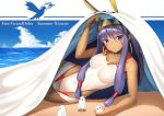  1girl arm_support bangs beach blanket blue_sky breasts closed_mouth clouds cloudy_sky collarbone dark_skin day egyptian eyebrows_visible_through_hair facial_mark fate/grand_order fate_(series) hair_between_eyes hair_tubes hairband horizon kurotobi_rarumu long_hair looking_at_viewer lying medium_breasts medjed nitocris_(fate/grand_order) nitocris_(swimsuit_assassin)_(fate) on_side one-piece_swimsuit outdoors purple_hair sky smile solo swimsuit tsurime very_long_hair violet_eyes white_swimsuit 