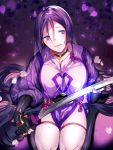  1girl bodysuit breasts fate/grand_order fate_(series) fingerless_gloves gloves katana large_breasts leo_(feeling_goooood) long_hair looking_at_viewer minamoto_no_raikou_(fate/grand_order) purple_hair sword very_long_hair violet_eyes weapon 