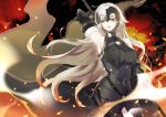  1girl arm_up armor armored_dress armpits banner black_dress breasts breasts_apart chains dress eyebrows_visible_through_hair floating_hair highres holding holding_weapon jeanne_alter large_breasts long_hair nikutarou parted_lips ruler_(fate/apocrypha) sheath sheathed silver_hair smile solo standing sword very_long_hair weapon yellow_eyes 