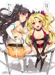  2017 2girls alternate_costume arm_support ass bangs bare_shoulders belt black_boots black_choker black_gloves black_hair black_high_heels black_ribbon blonde_hair blush boots breasts choker cleavage closed_mouth collarbone crop_top crown dual_persona earrings elbow_gloves ereshkigal_(fate/grand_order) eyebrows_visible_through_hair fate/grand_order fate_(series) female fence from_above gloves hair_ribbon hand_on_hip happy head_tilt high_heel_boots high_heels highres ishtar_(fate/grand_order) jewelry knee_boots knees_together_feet_apart kojima_saya large_breasts leaning leaning_forward lips long_hair looking_at_viewer looking_back medium_breasts midriff multiple_girls navel open_mouth parted_bangs red_clothes red_eyes red_ribbon red_shorts red_tank_top revealing_clothes ribbon round_teeth shiny shiny_hair shiny_skin short_shorts shorts side-by-side side_slit sideboob signature sitting smile standing tank_top teeth tohsaka_rin translation_request two_side_up type-moon v_arms wavy_hair white_boots white_gloves white_high_heels yellow_clothes yellow_shorts 