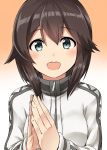  1girl :d blush brown_hair commentary_request eyebrows_visible_through_hair gradient gradient_background grey_eyes hair_between_eyes hayasui_(kantai_collection) highres jacket kamelie kantai_collection long_sleeves looking_at_viewer open_mouth orange_background own_hands_together short_hair simple_background smile solo track_jacket upper_body white_jacket zipper_pull_tab 