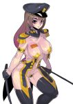  1girl absurdres black_legwear breasts brown_eyes brown_hair cleavage collarbone dual_wielding epaulettes fengmo hat highres large_breasts lips long_hair mole riding_crop simple_background solo thigh-highs thighs white_background 
