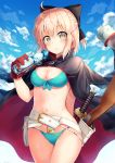  1girl :o ahoge artist_name belt bikini blonde_hair blue_sky blush bow breasts cape clouds commentary_request cowboy_shot day fate_(series) hair_bow highres katana koha-ace looking_at_viewer medium_breasts navel nonono open_mouth outdoors ramune sakura_saber short_hair sky solo swimsuit sword weapon 