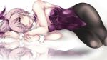  1girl animal_ears bow bowtie breasts bunnysuit detached_collar fate/grand_order fate_(series) hair_over_one_eye leotard looking_at_viewer lying medium_breasts on_side original pantyhose pon_(syugaminp) purple_bow purple_bowtie purple_hair purple_leotard rabbit_ears reflection shielder_(fate/grand_order) short_hair solo strapless strapless_leotard violet_eyes wrist_cuffs 