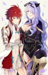  2girls breastplate breasts camilla_(fire_emblem_if) cleavage cleavage_cutout curly_hair fire_emblem fire_emblem_if hair_over_one_eye highres hinoka_(fire_emblem_if) large_breasts long_hair looking_at_viewer multiple_girls purple_hair redhead short_hair smile thigh-highs violet_eyes yellow_eyes 