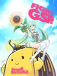  1girl artist_name bangs bare_shoulders beetle blush boots breasts clouds commentary_request covered_navel day detached_sleeves dress eyebrows_visible_through_hair flower frills goodsmile_racing gradient_hair green_eyes green_hair hair_flower hair_ornament hatsune_miku high_heel_boots high_heels highres holding insect logo long_hair looking_at_viewer medium_breasts multicolored_hair open_mouth outdoors short_dress signature sky smile solo sunflower tanaka_takayuki thigh-highs thigh_boots twintails vocaloid zettai_ryouiki 
