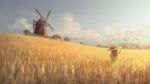  1girl clouds day field hat highres long_hair natsu_(hottopeppa3390) original revision scenery solo straw_hat wheat_field windmill 