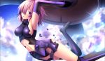  1girl arm_up armor armpits black_legwear breasts breasts_apart broken_armor hair_over_one_eye holding_shield medium_breasts midriff navel pink_hair shield shielder_(fate/grand_order) sideboob solo sparkle stomach thigh-highs toshi_(1-147) violet_eyes 