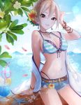  1girl arm_support bikini bikini_under_clothes black_eyes blonde_hair bracelet braid breasts chains cleavage crown_braid cup day drink drinking_glass drinking_straw earrings flower food fruit hair_between_eyes hair_flower hair_ornament highres idolmaster idolmaster_cinderella_girls idolmaster_cinderella_girls_starlight_stage jewelry layered_bikini lemon lemon_slice looking_at_viewer magako medium_breasts nail_polish navel necklace ocean outdoors parted_lips petals platinum_blonde shiomi_shuuko short_hair short_shorts shorts sitting sky smile solo starfish striped striped_bikini swimsuit yellow_nails 