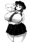  &gt;:o 1girl :o blush breasts collared_shirt curvy fat fedora hair_ribbon hat highres huge_breasts ichigo_kotou necktie pleated_skirt ribbon shirt skindentation skirt solo thick_thighs thighs touhou tress_ribbon usami_renko wide_hips 