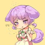  1girl bangs bare_shoulders blush cheli_(kso1564) chibi dog_tail dress eyebrows_visible_through_hair flying_sweatdrops hair_bobbles hair_ornament hands_up holding korean lowres original purple_hair simple_background smile solo tail tsurime violet_eyes yellow_background yellow_dress 
